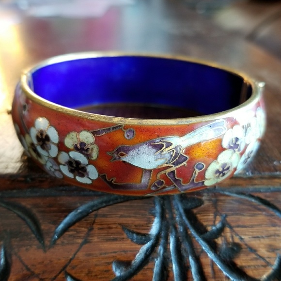Vintage Jewelry - Vintage Cloissone enamel bangle bracelet red bird